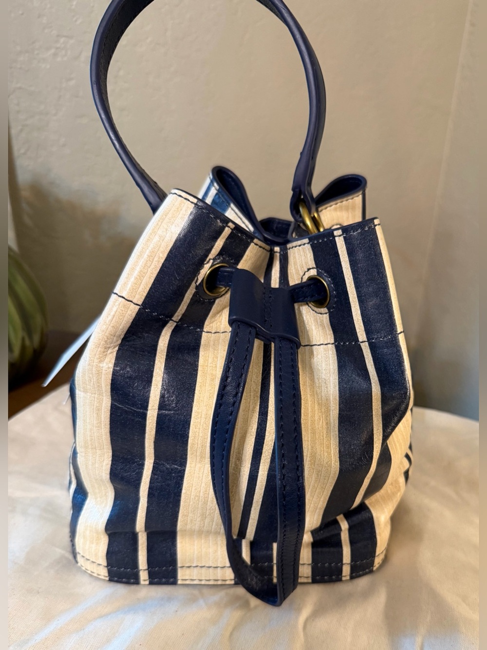 Tory Burch Beautiful Striped Navy and Cream Leather Drawstring Bucket Bag-NWT